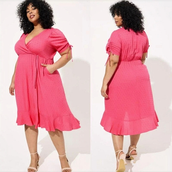 Torrid Barbiecore Faux Wrap Swiss Dot Midi Dress Honeysuckle Pink 2X - Picture 1 of 14